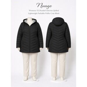 Nuage Womens 1X Hooded Chevron Quilted Lightweight Packable Puffer Coat Black